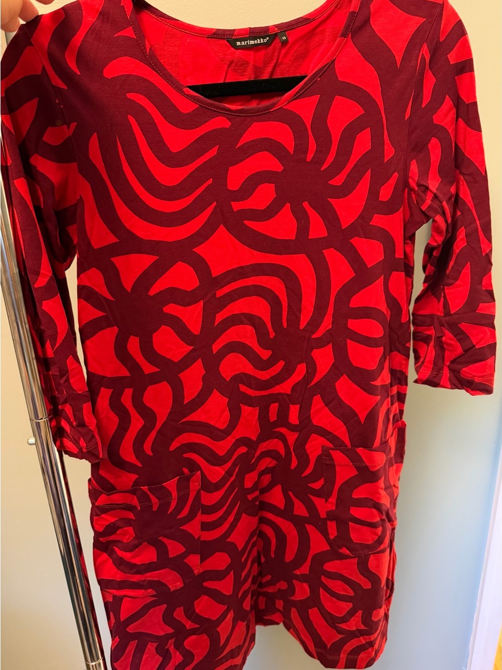 Marimekko Red and Dark Maroon Abstract Print Long Sleeve Dress